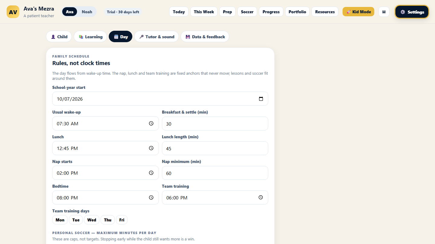 Settings: Day tab